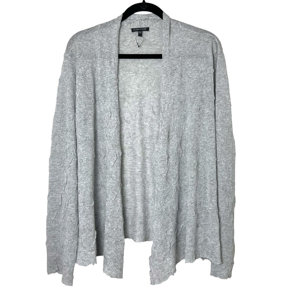 Eileen Fisher Crinkle Knit Lightweight Open Front Cardigan Sweater Gray Sz L